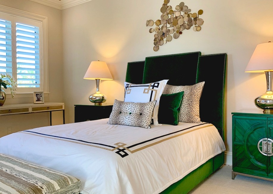 emerald green upholstered bed and headboard